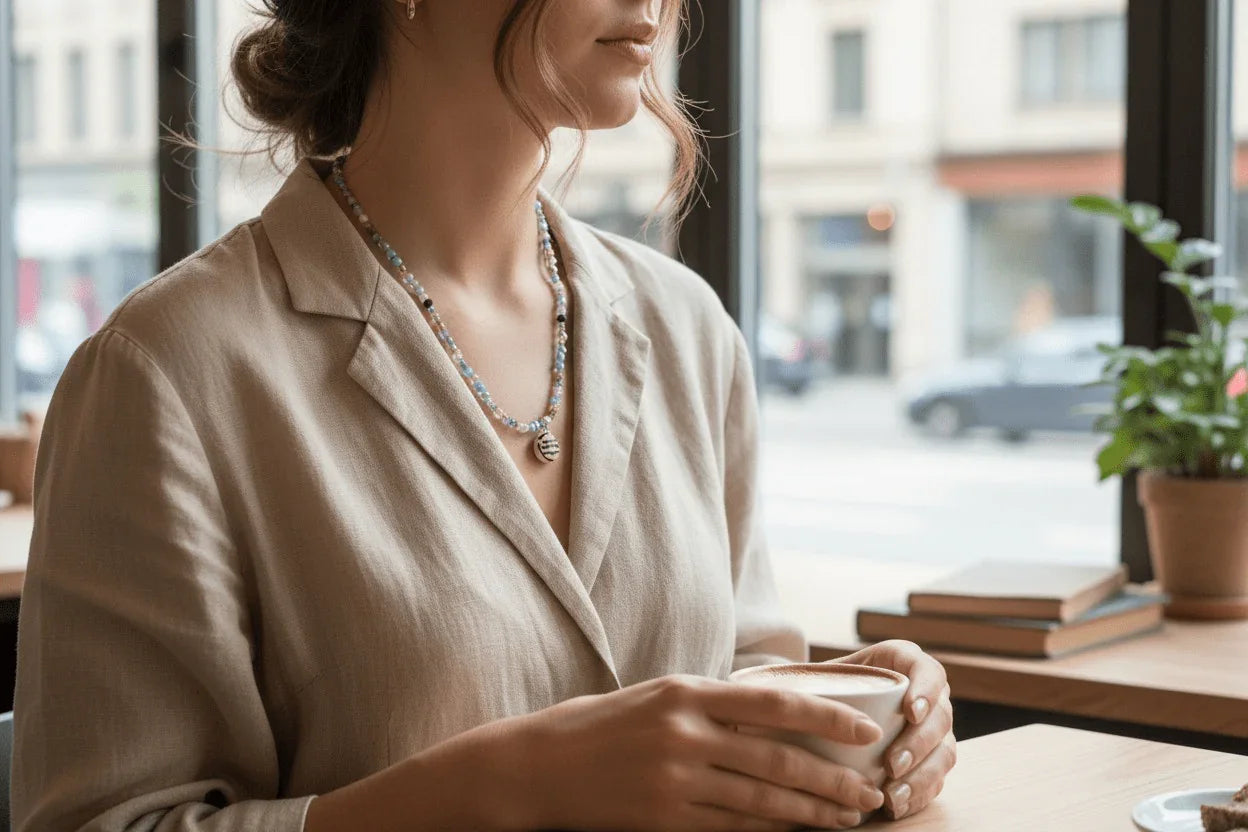 Frau mit handbemaltem Schmuckanhänger am Fenster im Café