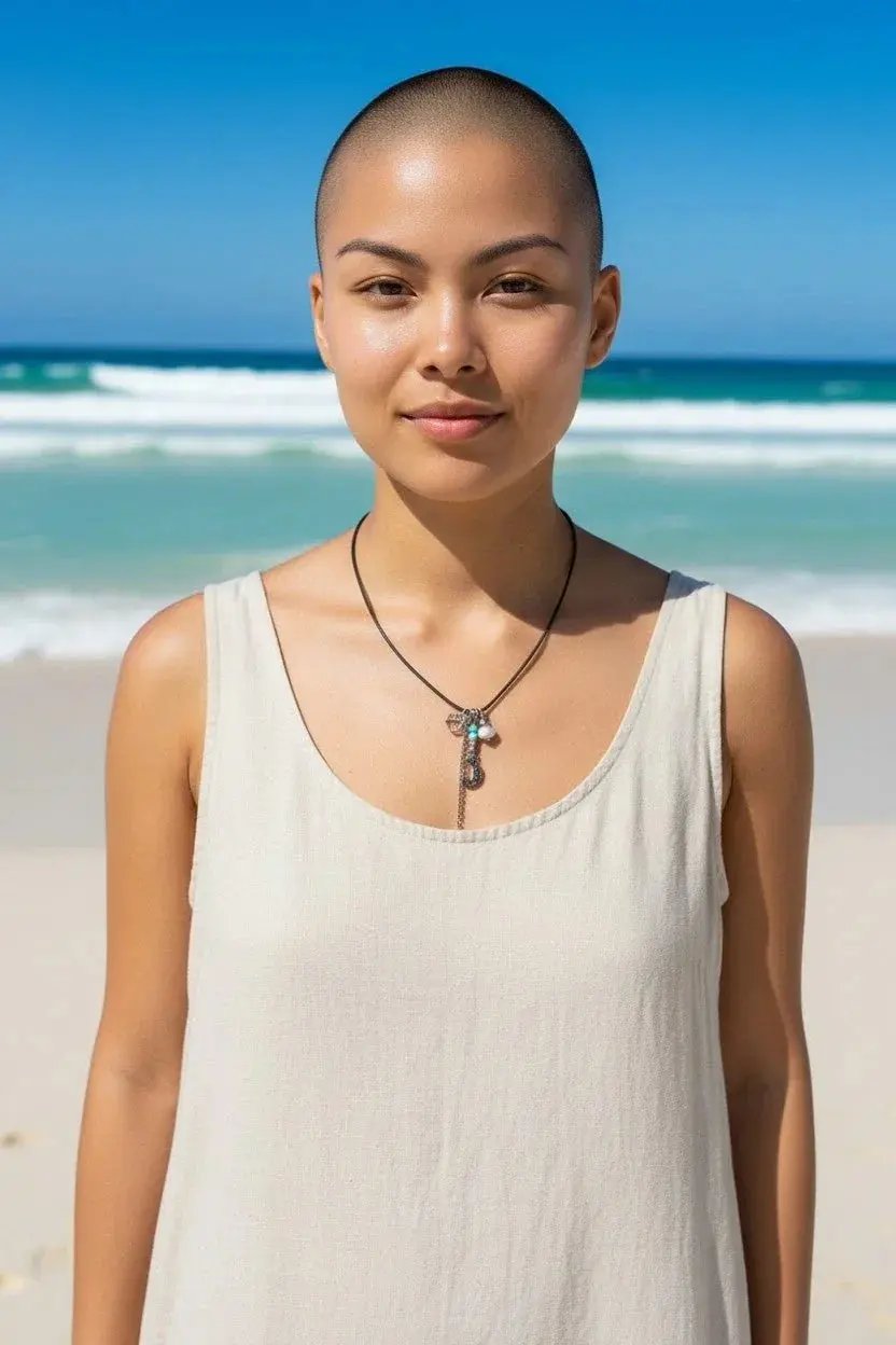Frau am Strand mit handbemaltem Schmuckanhänger, einzigartiges Design, Acrylfarben