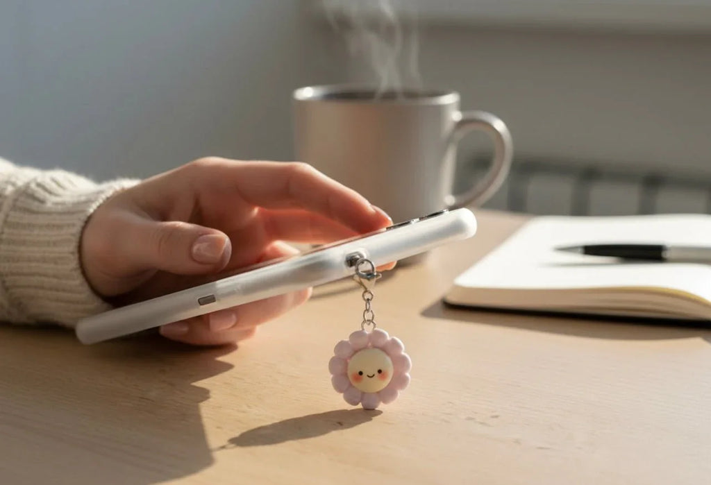 Handgemachter Blumen-Schlüsselanhänger mit lächelndem Gesicht, an Smartphone befestigt, auf Holztisch