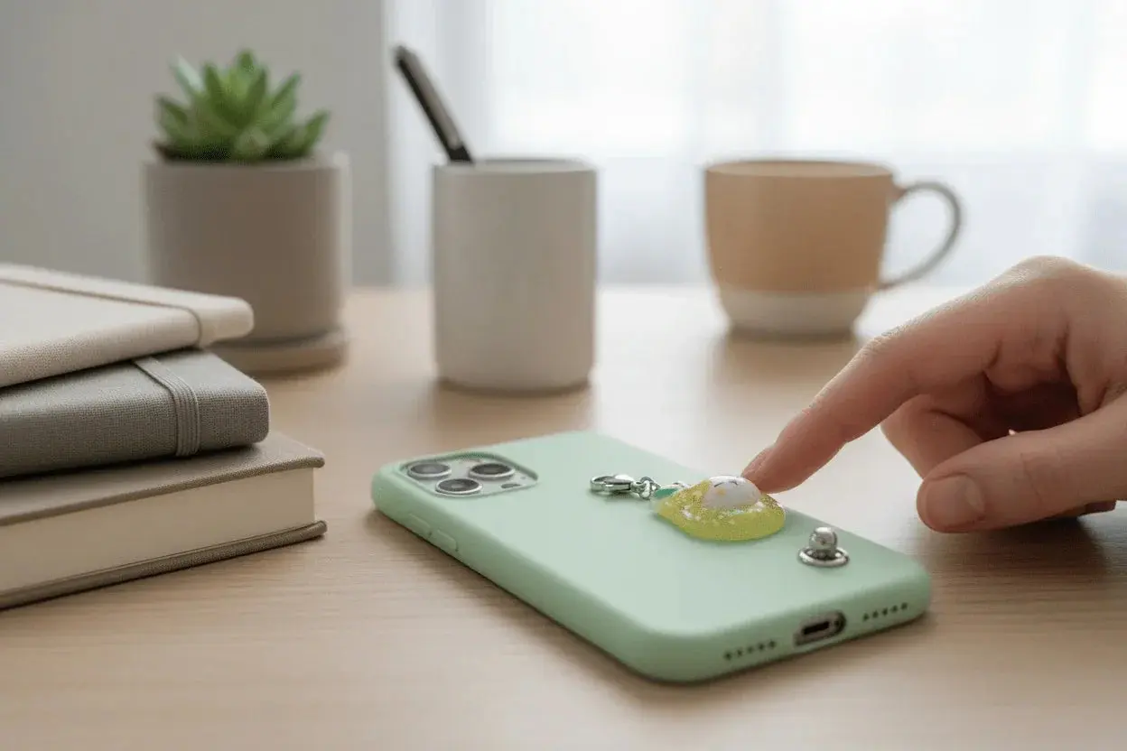 Handgemachter Anhänger mit Ei-Motiv auf mintfarbenem Handyhülle, handbemalt und einzigartig gestaltet